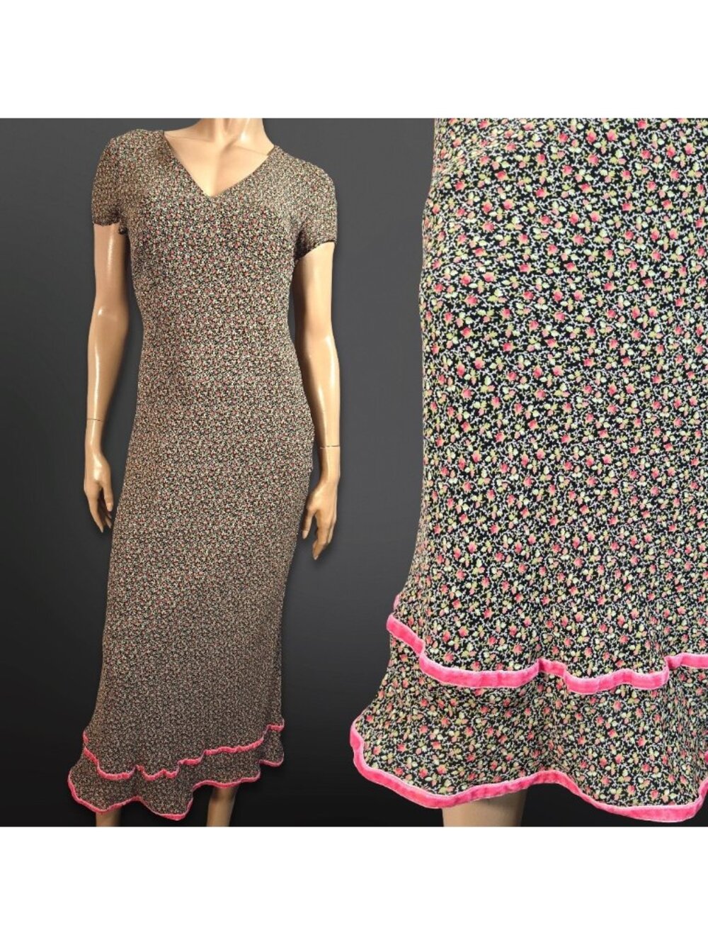 Vintage 90s Laura Ashley Bias Cut Floral Maxi Dress Velvet Ribbon Trim Size S